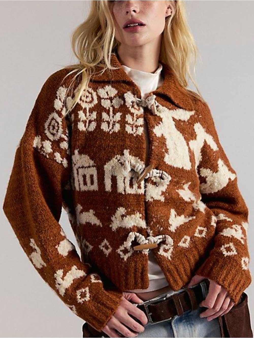 Free People Home Sweet Home Cardi- Brown Topaz Bunny Print